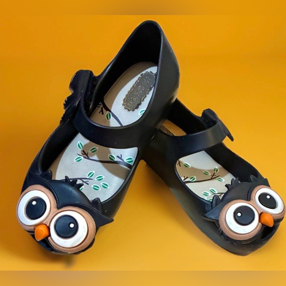 Mini Melissa Black Big Eyes Owl Shoes Girls Size 8